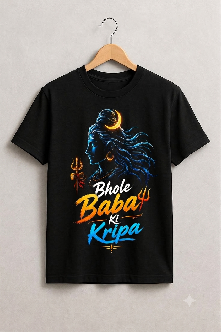 Bholenath Line Art "Bhole Baba Ki Kripa" Printed Black T-Shirt