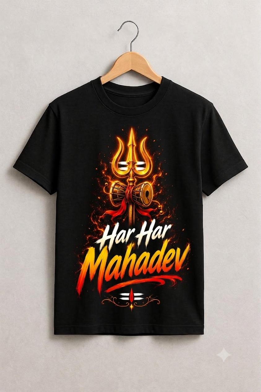 "Har Har Mahadev" Trishul Damru Glow Printed Black T-Shirt