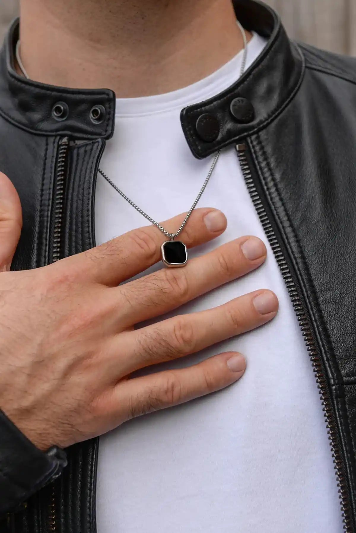 Silver and Black Square Pendant Chain